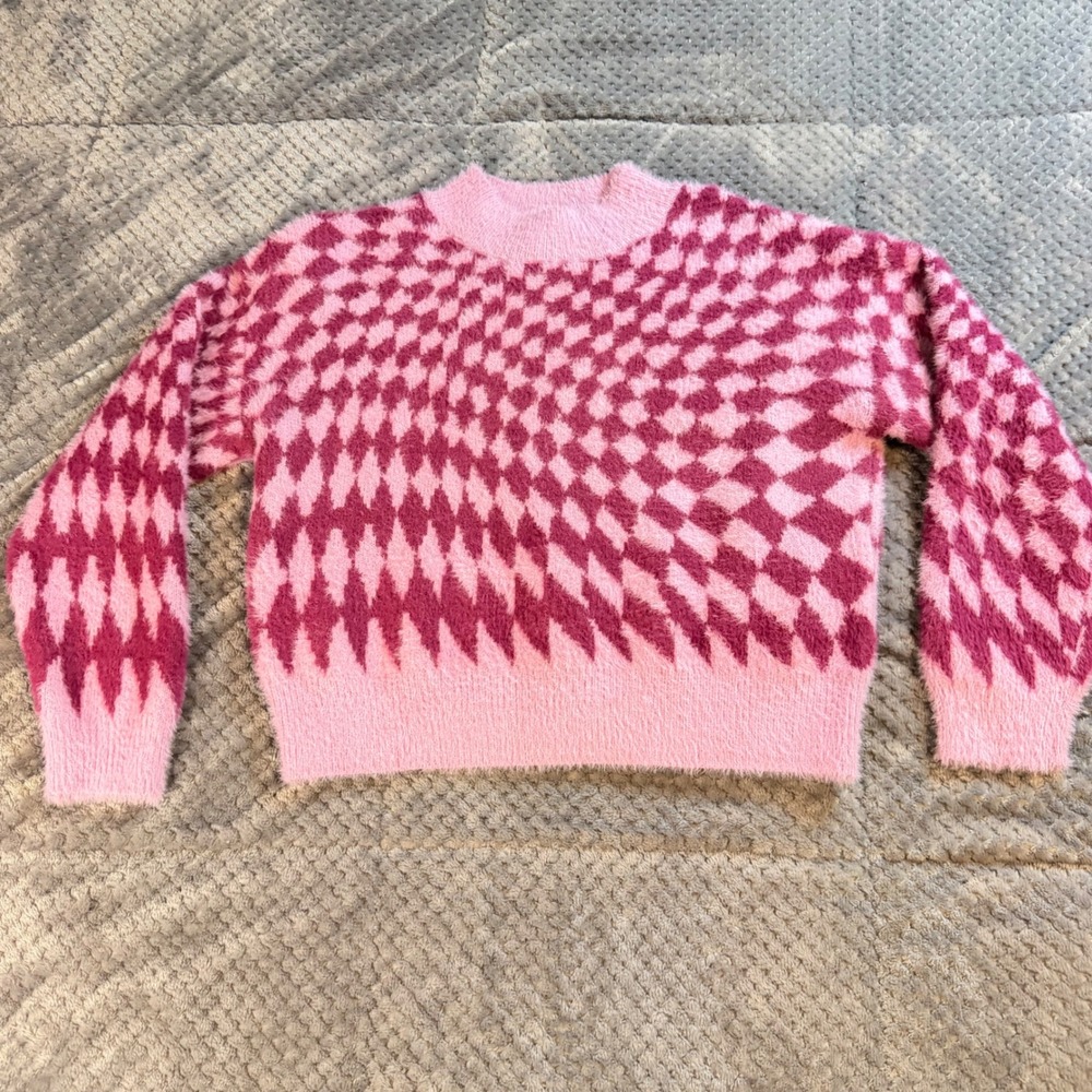 THML Pink Magenta Optical Illusion Fuzzy Argyle Knit Sweater XS WK0046-1-LI